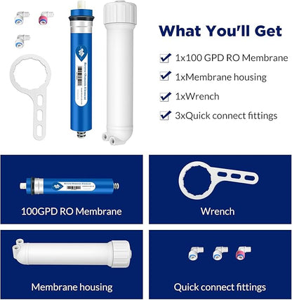 Membrane Solutions 100 GPD RO Membrane, Reverse Osmosis Membrane with Membrane Housing, Replacement for Under Sink Home Drinking RO Water Filter System, Wrench,1/4" Quick-Connect Fittings,Check Valve