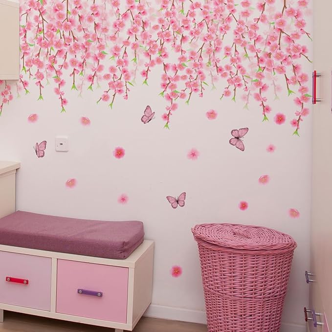 Pink Flower and Butterfly Wall Stickers - Elegant Home Decor