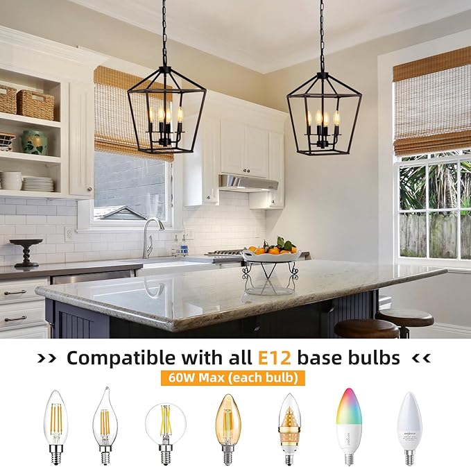 4 Light Chandelier, Industrial Ceiling Light Black Lantern Light Fixtures with Farmhouse Metal Cage Adjustable Height Rustic Geometric Hanging Light E12 Base for Kitchen Island, Entryway, Indoor