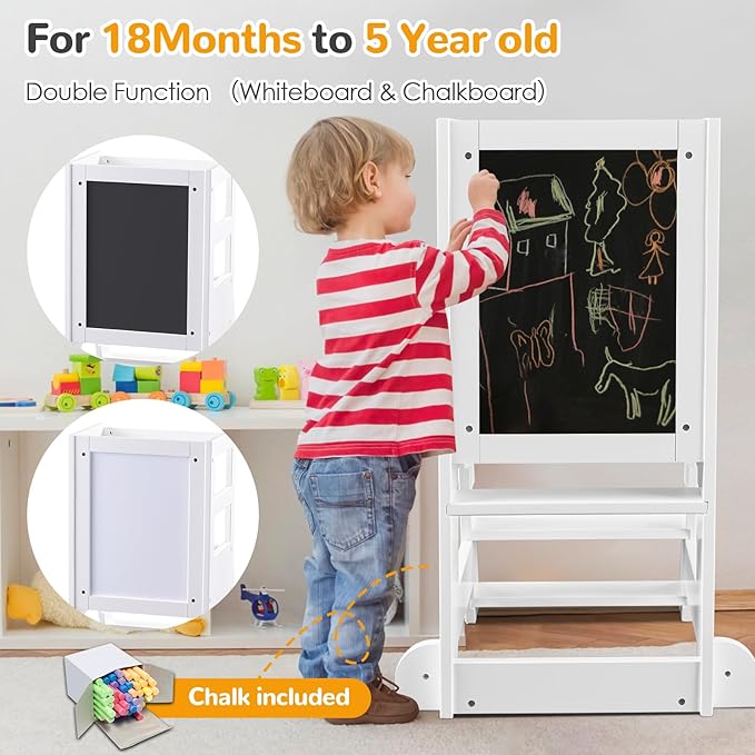 Toddler Tower, Kitchen Stool Helper for Toddlers with Chalkboard, Safety Rail, Adjustable Heights, and Anti-Slip Protection, Montessori Learning Standing Tower, Removable Step Stool for Adults, White