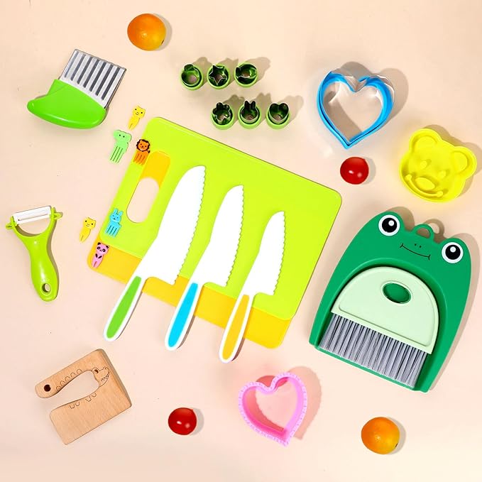 30 Pcs Kids Knife Set for Real Cooking Toddler Montessori Kitchen Tools for toddlers Knife Set Little Girl Boy Friendly Cutting Board and Knives Set for Bread Vegetable Fruit Cake Birthday