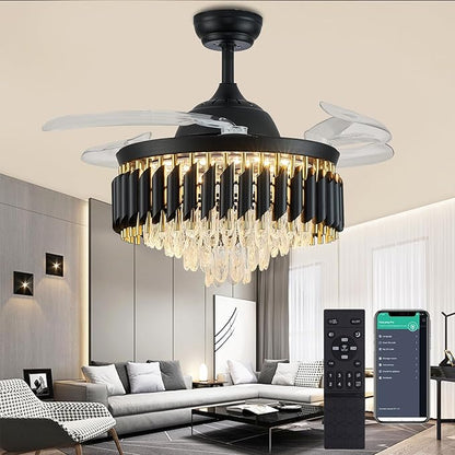 42" Black Chandelier Ceiling Fans with Lights Crystal Ceiling Fan Chandelier Ceiling Fan with Lights Retractable Blade Fandelier Bladeless Ceiling Fans for Dinning Room Living Room Kitchen Foyer