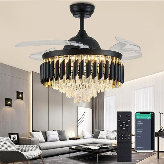 48" Black Chandelier Ceiling Fans with Lights Crystal Ceiling Fan Chandelier Ceiling Fan with Lights Retractable Blade Fandelier Bladeless Ceiling Fans for Dinning Room Living Room Kitchen Foyer