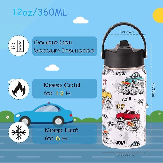 12oz Kids Insulated Water Bottle with Flip Straw & Big Handle, Monster Truck, Double Wall 18/8 Stainless Steel, Leakproof Gift for Kids Boys to School Travel Sports, Hands Wash Only, White