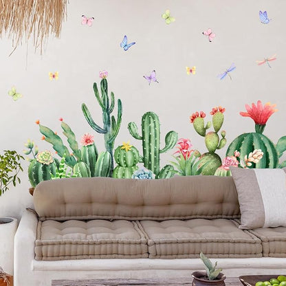 Vibrant Cactus & Butterfly Wall Stickers - 30x90cm Vinyl Decor for Home, Office, Nursery