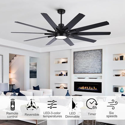 72 inch Large Black Ceiling Fans with Lights and Remote,Industrial ceiling fan 6 Speed Reversible Quiet DC Motor, 3 CCT,10 Blades Indoor/Outdoor Black Modern Ceiling Fan for Kitchen Living Room Patio