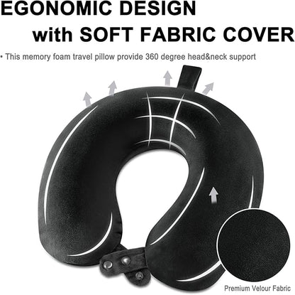 Travel Neck Pillow Airplane, Soft Memory Foam Support Head Neck Chin, with Removale Cover and Adjustable Snap Button, Comfortable Sleeping in Plane Car Train Traveling Office Home, Black