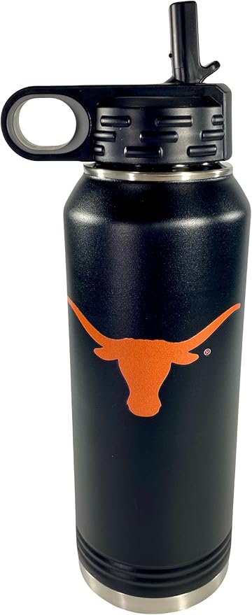 University of Texas at Austin 32oz Stainless Steel Double Walled Black Beverage Bottle with Flip Straw Spout - College Gear for Playoff Season – For Office, Home or Auto – Show your Longhorn Pride