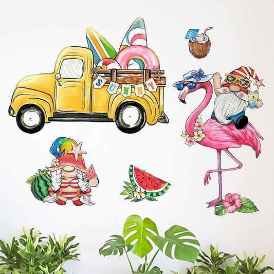 Mfault Summer Gnome Wall Decals Stickers, Sunny Flamingo Yellow Truck Farmhouse Decorations Bedroom Art, Tropical Watermelon Coconut Seasonal Home Kitchen Hawaii Holiday Decor