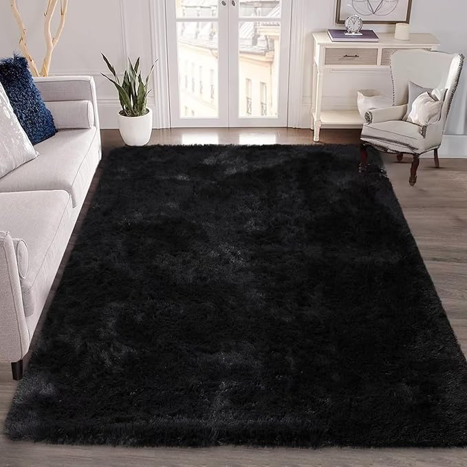 9x12 Extra Large Area Rugs for Living Room,Super Soft Fluffy Modern Bedroom Carpet Rug Indoor Modern Plush Shaggy Floorcover Fuzzy Solid Home Decor Rug Non Slip Throw Rug Kids Room Nursery,Black