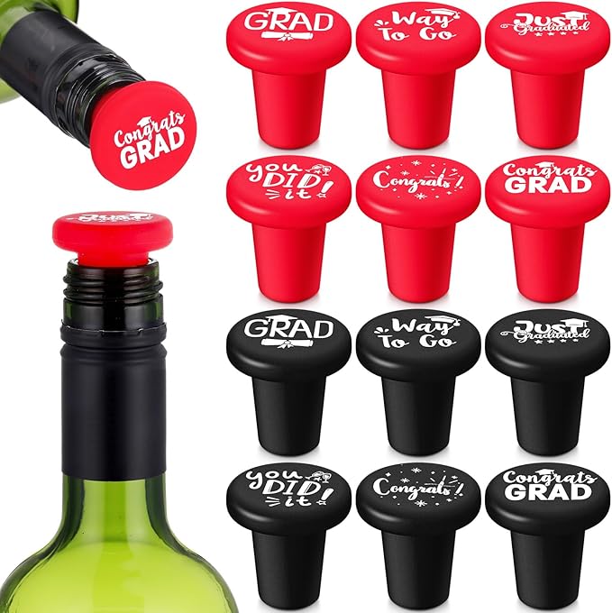 12 Pieces 2024 graduation bottle stoppers Funny Silicone Wine Bottle Toppers Graduation Gifts for Women Men Reusable Wine Accessories Corks for Graduation Party Favors