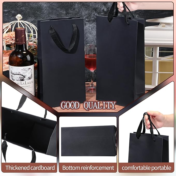 Yeaqee 50 Pack Wine Bags for Wine Double Bottles Gifts Bags 6.6" x 3.6" x 13.8" Craft Wine Bottle Wine Bags Bulk with Handles Reusable Paper Tumbler Wine Bags, Liquor Gift Bag with Handles(Black)