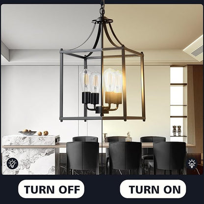 4-Light Black Chandelier Light Fixture, Modern Farmhouse Pendant Lights Kitchen Island, Industrial Iron Lantern Cage Chandelier Ceiling Hanging Lights for Kitchen Dining Room Entryway, E26 Socket