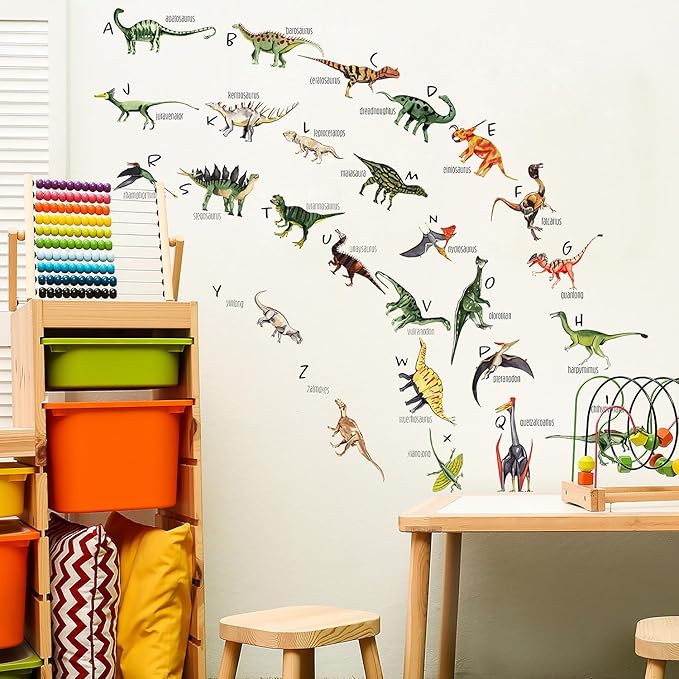 26 English Letters Dinosaurs Wall Stickers Tyrannosaurus Rex Pterosaur Triceratops Wall Decals Kids Bedroom Living Room Bathroom Home Decoration