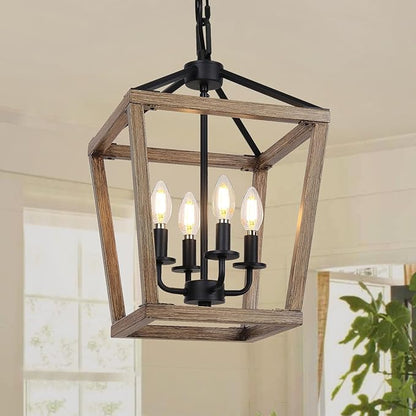 4 Light Farmhouse Chandelier, Rustic Ceiling Light Lantern Light Fixture with Wood Painted Metal Cage and Adjustable Chain, E12 Base Geometric Hanging Light Fixture for Entryway, Kitchen, Indoor