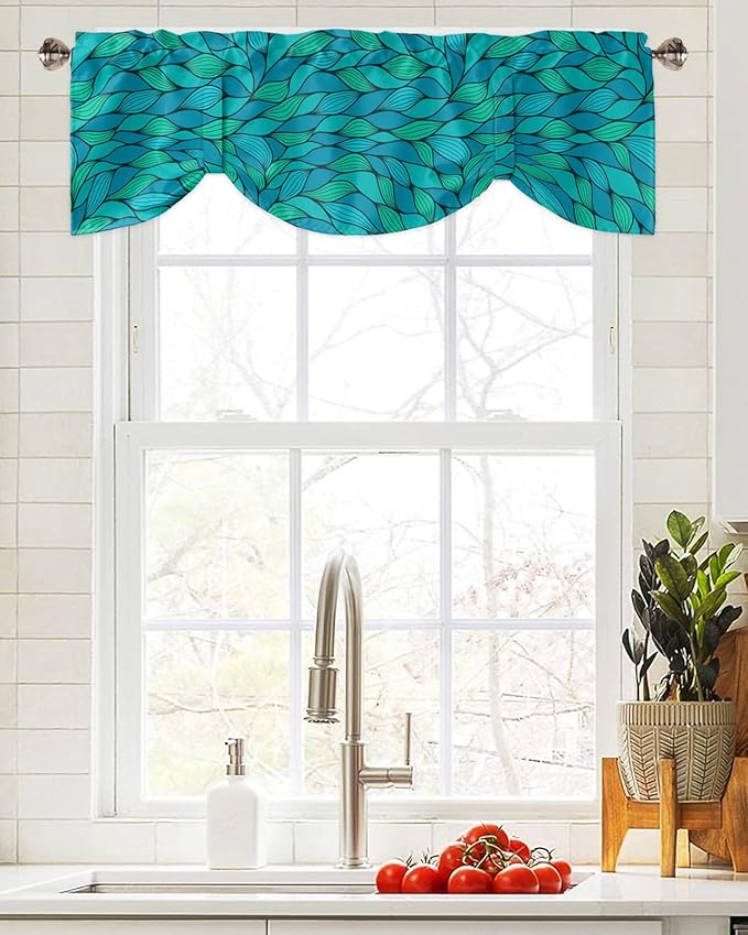 Tie Up Valance for Kitchen Living Room Farmhouse - Abstract Wave Ripple Bule Green Rod Pocket Adjustable Tie-up Shade Valance for Small Window, Window Valance Balloon Drape for Bathroom 42x18 inches