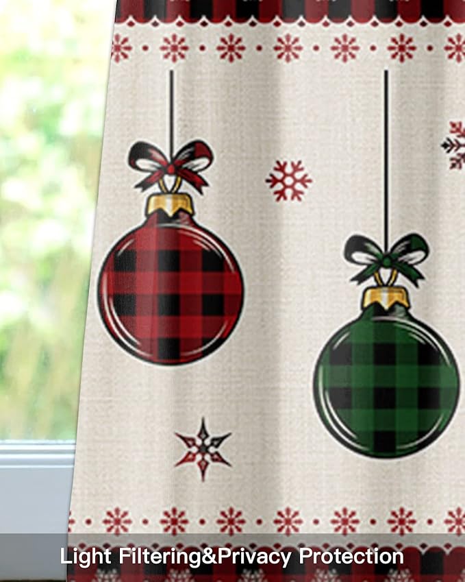 Vandarllin Christmas Kitchen Curtains Valances for Windows Vintage Buffalo Plaid Christmas Balls Rod Pocket Window Treatment for Kitchen/Living Room/Bedroom/Bathroom,60" X 18" -1 Panel, Farmhouse