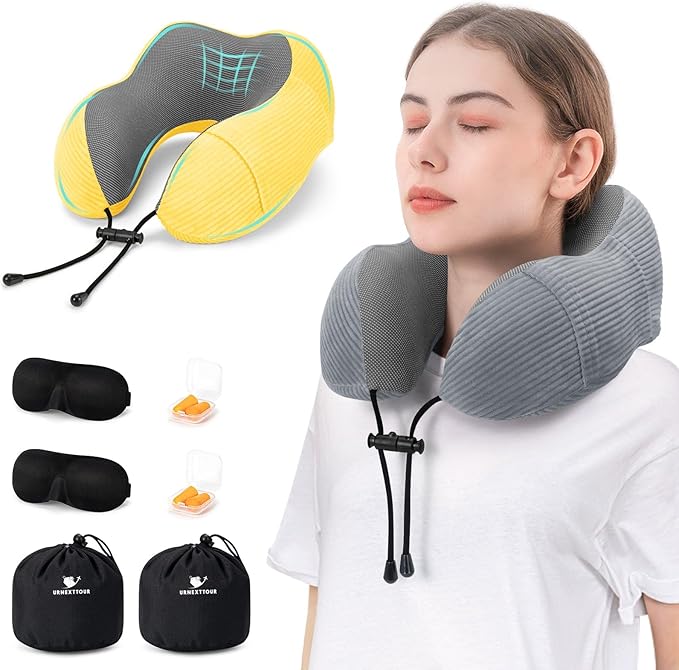 Travel Pillow for Airplane Memory Foam Neck Pillow, 2 Pack Travel Pillow for Travelling with Eye Mask, Earplugs and Storage Bag, Sleeping Rest, Car, Train and Home Use Fleece, Grey & Yellow