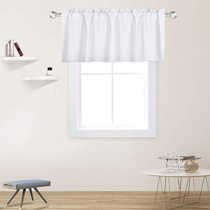 White Valance for Windows 42x18 Inch Solid Thermal Insulated Blackout Rod Pocket Kitchen Short Curtain Toppers Valance for Bathroom Living Room 1 Panel