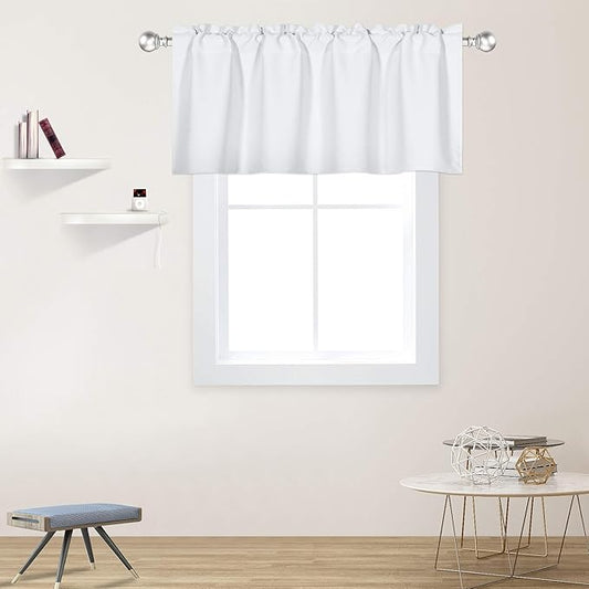 White Valance for Windows 42x18 Inch Solid Thermal Insulated Blackout Rod Pocket Kitchen Short Curtain Toppers Valance for Bathroom Living Room 1 Panel