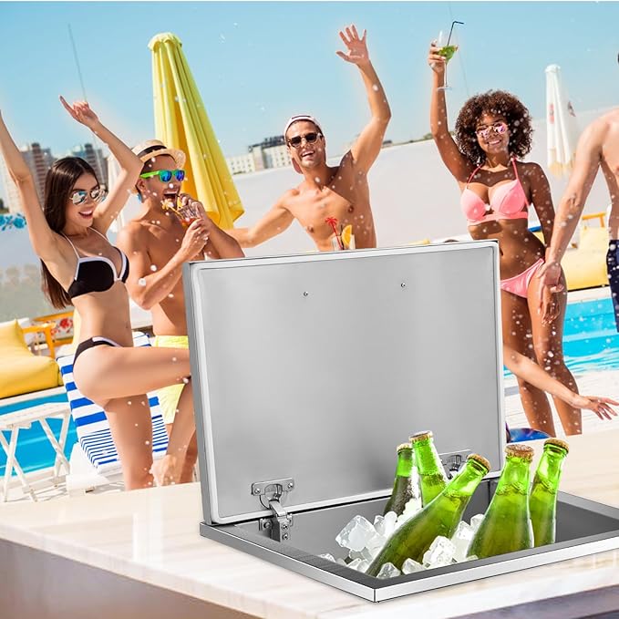 Upgraded Drop in Ice Chest, Stainless Steel Ice Cooler, Commercial Ice Bin with Cover, Outdoor Kitchen Ice Bar, Drain-Pipe and Drain Plug Included, for Cold Wine Beer