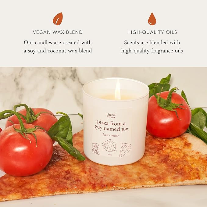 NYC Inspired Scented Candle: Pizza from a Guy Named Joe - Tomato & Basil Scent, 9oz, 50 Hour Burn, Vegan Soy & Coconut Blend Candle for Home Decor, Gift for Women & Men