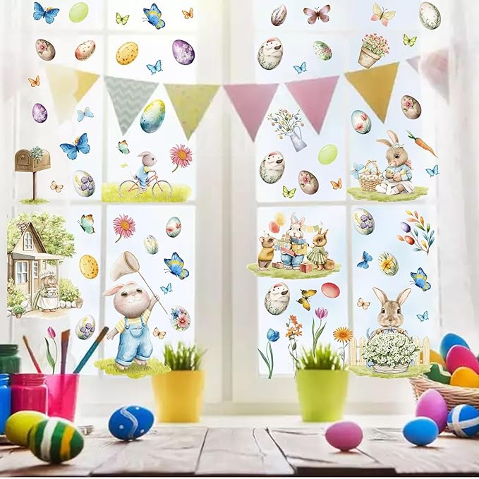 100 Pcs Easter Window Clings Easter Eggs Bunny Window Decorations Stickers for Glass Windows for Easter Window Decorations, 9 Sheets Bunny Decor for Kids Shcool Home (Family)