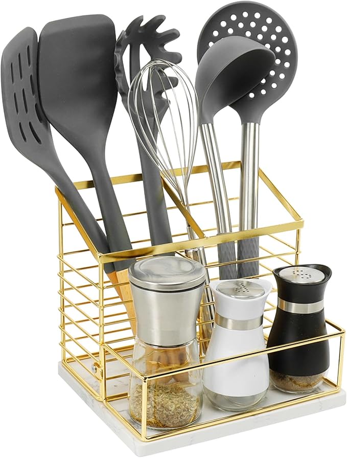 Utensil Holder for Kitchen Counter, Metal Utensil Holder Rack with Salt and Pepper Shakers for Kitchen Countertop, Cooking Tools Storage for Spatula, Large Utensil Organizer with Marble Base