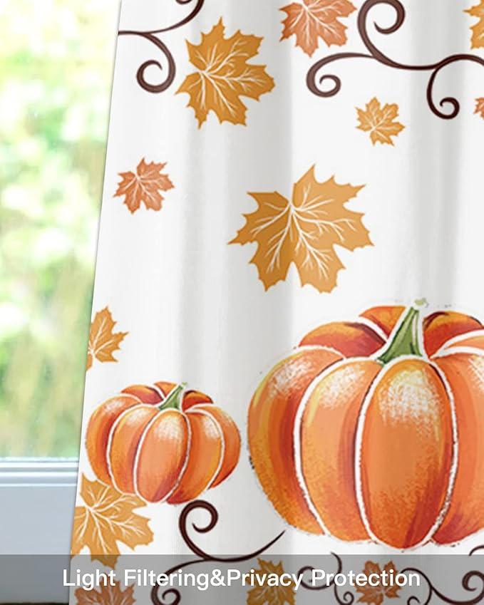 Vandarllin Fall Maple Leaves Kitchen Curtains Valances for Windows Thanksgiving Watercolor Pumpkins Rod Pocket Window Treatment for Kitchen/Living Room/Bedroom/Bathroom,42" X 18"-1 Panel, Orange