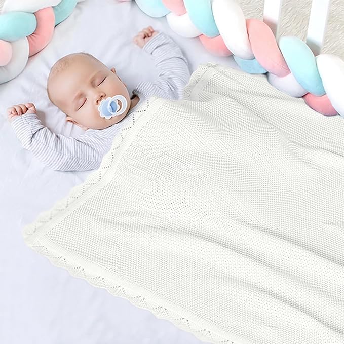 100% Cotton Baby Blanket Knit Lace Soft Warm Toddler Blanket,30 x 40 Inches，White