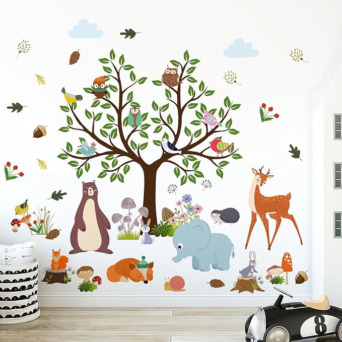 AM AMAONM Removable Jungle Animals Fox Deer Elephant Birds Lion Wall Decals DIY Tree and Leaves Wall Sticker Peel and Stick Home Wall Art Decor for Kids Baby Boys Nursery Bedroom Classroom (39144)