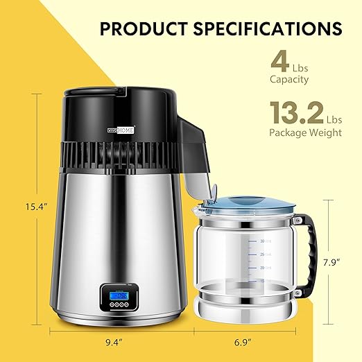 VIVOHOME Water Distiller Countertop 1.1 Gallon/4L 304 Stainless Steel Distilled Water Machine with Smart Switch Purifier Filter for Home Office