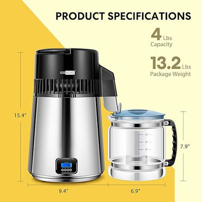 VIVOHOME Water Distiller Countertop 1.1 Gallon/4L 304 Stainless Steel Distilled Water Machine with Smart Switch Purifier Filter for Home Office