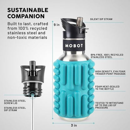 MOBOT Portable Travel Foam Roller Water Bottle with Sip Straw, Stainless Steel Screw Lid | Insulated Sports Water Bottle and Foam Rollers for Yoga, Workout, Home Gym, & Exercise 18oz. (Aqua)