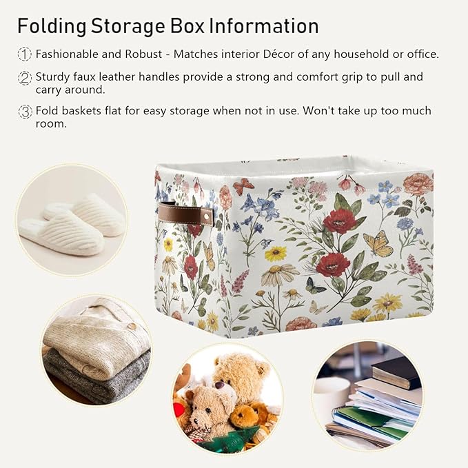 Vintage Wildflower Floral Storage Basket Bin for Shelves Closet Butterfly Rose Foldable Fabric Storage Box Cube with Handles Kids Gift Toy Shelf Basket Organizer for Bedroom Nursery Home Decor