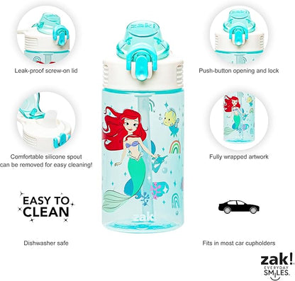 Zak Designs Sage Disney Princess Kids Water Bottle For School or Travel, 16oz Durable Plastic Water Bottle With Straw, Handle, and Leak-Proof, Pop-Up Spout Cover (Ariel & Jasmine)