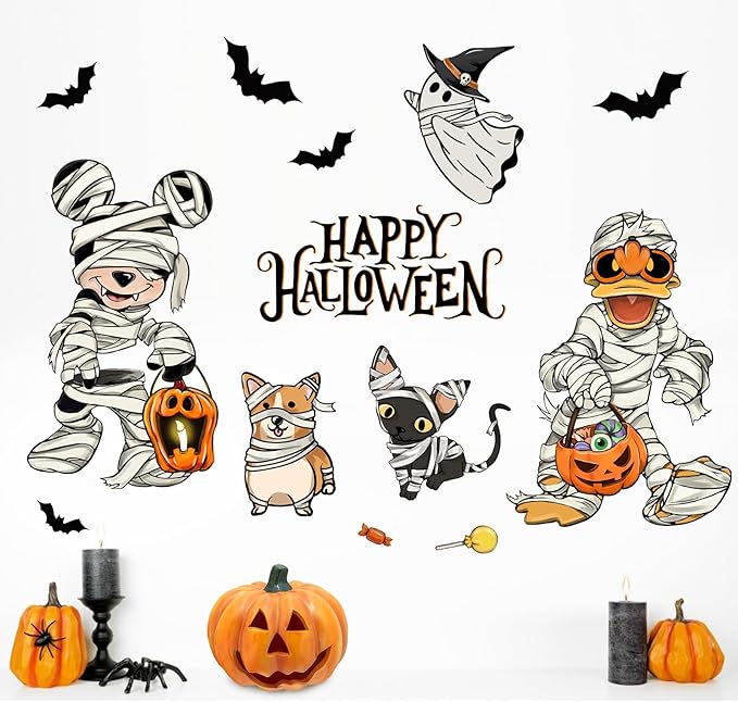 Mfault Happy Halloween Cartoon Mouse Duck Wall Decals Stickers, Spooky Mummy Cat Dog Ghost Decorations Bedroom Art, Funny Jack O Lantern Pumpkin Bat Home Kitchen Living Room Decor