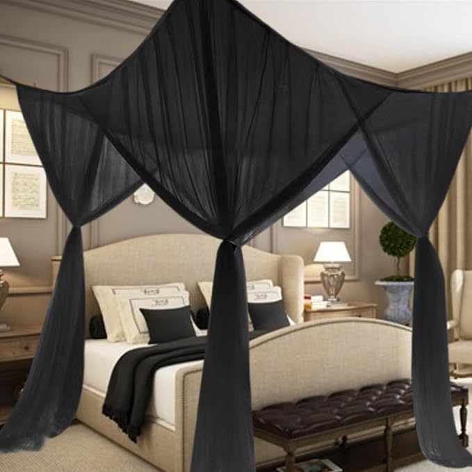 Bed Canopy Mosquito Net for Bed, Canopy Bed Curtains for Twin Full Size, 4 Corner Post Bedroom Canopy for Kids Adults, Square Bed Drapes Home Decor (Black)