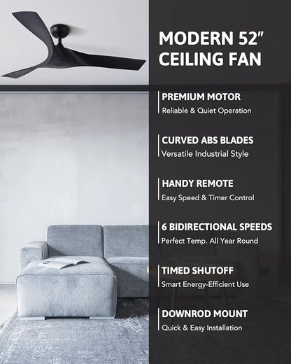 VONLUCE 52" Industrial Ceiling Fan No Light with Remote Control, Modern Ceiling Fan with 3 Blades Noiseless 6-Speed Reversible DC Motor, Ceiling Fan for Kitchen Bedroom Living Room, Black