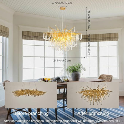 24 Inch Gold Chandelier,Modern Crystal Chandeliers for Dining Room,Round Branch Chandelier,Mini Ceiling Pendant Hanging Light Fixtures for Living Room,Bedrooms,Kitchen Island 8-Light