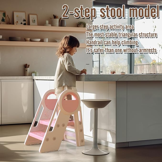 3 Step stools for Kids, Toddler Tower, Toddler Step Stool for Bathroom Sink, Kitchen Counter Helper, Toilet Potty Training, with Safety Handles and Non-Slip Desgin (Pink-White)