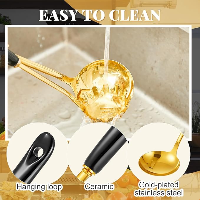 Black and Gold Cooking Utensils Set 7 Pcs Stainless Steel Kitchenware Includes Hanging Shelf Include Slotted Spoon, Slotted Spatula, Large Spoon, Soup Ladle, Spatula, Pasta Spoon