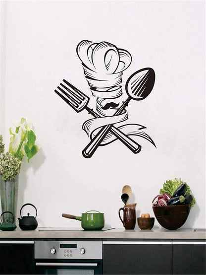 Whimsical Chef Wall Sticker: Kitchen Wall Art with Fork, Spoon, Chef Hat - Vinyl Décor Decal to Spruce Up Your Home Mural - Add a Touch of Culinary Charm Effect 17"x19"inch(Black-JZY048-Chef)