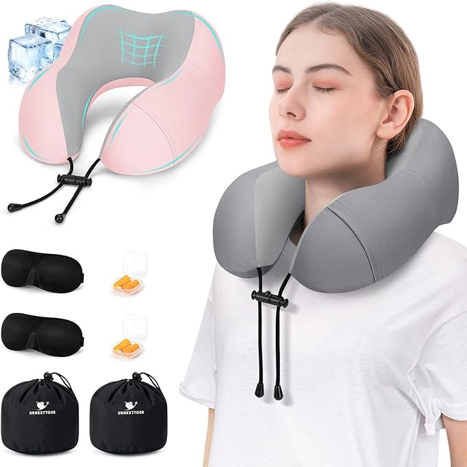 Travel Pillow for Airplane Memory Foam Pillow, 2 Pack Neck Pillow for Travelling with Eye Mask, Earplugs and Storage Bag, Sleeping Rest, Car, Train and Home Use Cooling, Grey&Pink