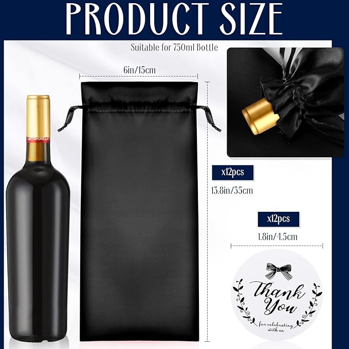 Shappy 12 Pcs Satin Wine Bags Wine Gift Bags with Drawstrings & Tags, Wine Bottle Bags Reusable Covers for Christmas, Wedding, Birthday, Travel, Holiday Party, Housewarming, Home Storage (Black)