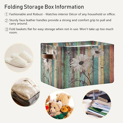 Vintage Daisy Board Storage Basket Bin for Shelves Closet Floral Wooden Foldable Fabric Storage Box Cube with Handles Kids Gifts Toys Cloth Shelf Basket Organizer for Bedroom Nursery Home Decor