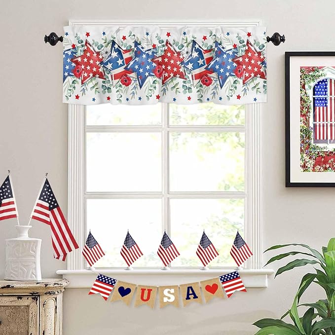 4th of July Kitchen Curtains Valances for Windows Patriotic Memorial Day Rod Pocket Window Treatment for Kitchen /Living Room/Bedroom/ Bathroom, 54" X 18", American Flag Stars Summer Poppy Eucalyptus