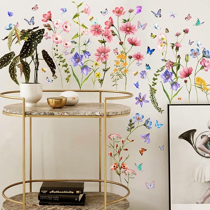 Colorful Flower Wall Stickers with Butterfly and Bee 88 Pcs Removable Flower Wall Decals DIY Peel and Stick Art Wall Decor Mural for Nursery Baby Kids Bedroom Living Room Kitchen Home Decoration