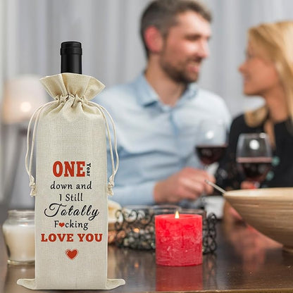 1st Year Marriage Gift for Couple Wife Husband Wine Bag 1st Anniversary Wedding Gift for Women Men Wine Gift Bag Valentine Birthday Christmas Gift for Him Her Drawstring Wine Wrapping Bag