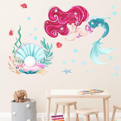 Mfault Mermaid Under The Sea Wall Decals Stickers, Shell Pearl Ocean Creatures Marine Life Nursery Decoration Girls Bedroom Art, Coastal Beach Bubble Fish Coral Toddler Kids Room Playroom Home Decor